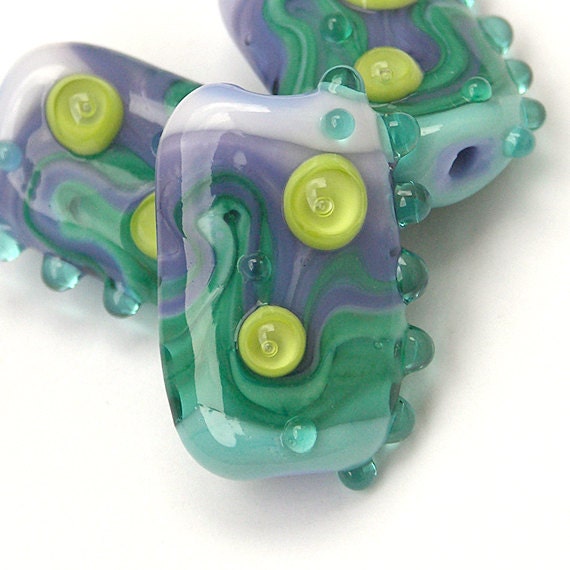 Calm Before the Storm - Handmade Lampwork Glass Bead Set in Turquoise, Aqua, Periwinkle, Lavender and Lime (3) OOAK