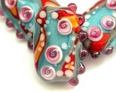 Confetti - Handmade Lampwork Glass Bead Set in Red, Aqua, Orange, Pink and Grey (3)