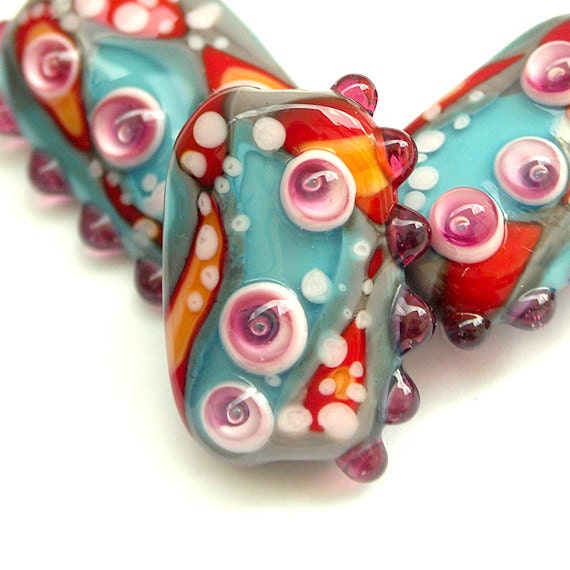 Confetti - Handmade Lampwork Glass Bead Set in Red, Aqua, Orange, Pink and Grey (3)
