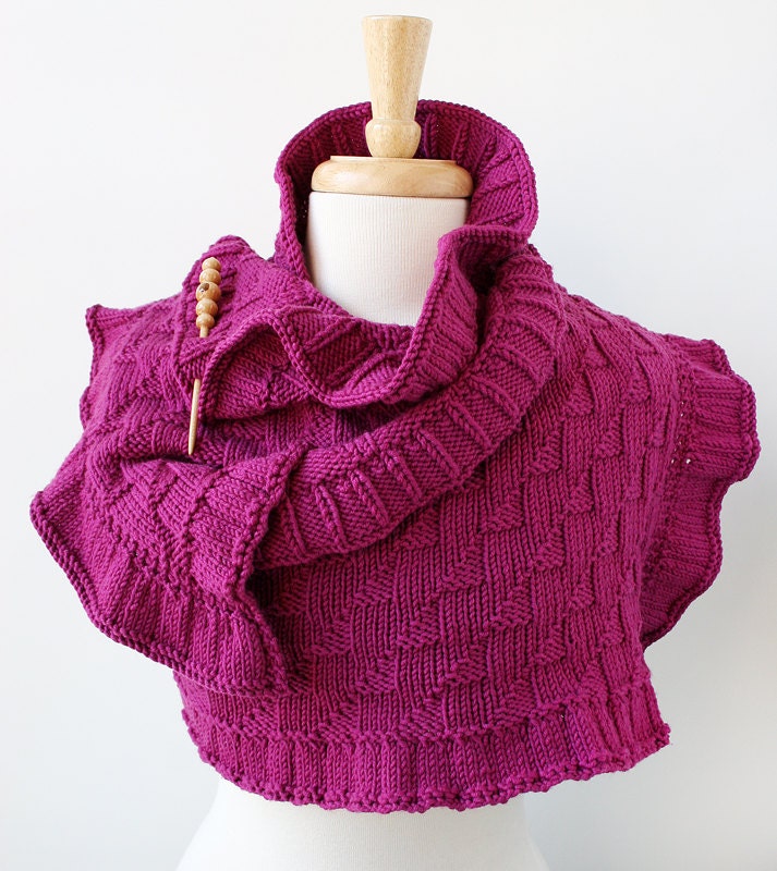 Rococo Hand Knit Shawl - Luxurious Merino Wool - Raspberry Color - Wearable Fiber Art