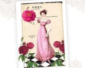 Jane Austen, Greeting Card, Emma, Regency, Roses, Vintage Style, Birthday, Pink, Harlequin Tiles