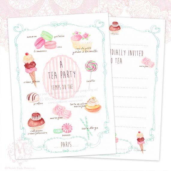 French patisserie Invitations, Birthday, High Tea, Cupcakes, Cakes, Macarons, Shower Tea, Kitchen Tea, Icecream, Sweets, Candy