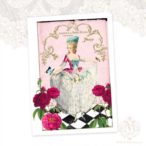 Marie Antoinette, greeting card, French corset, lace chemise, pink roses, vintage style, harlequin pattern, Paris