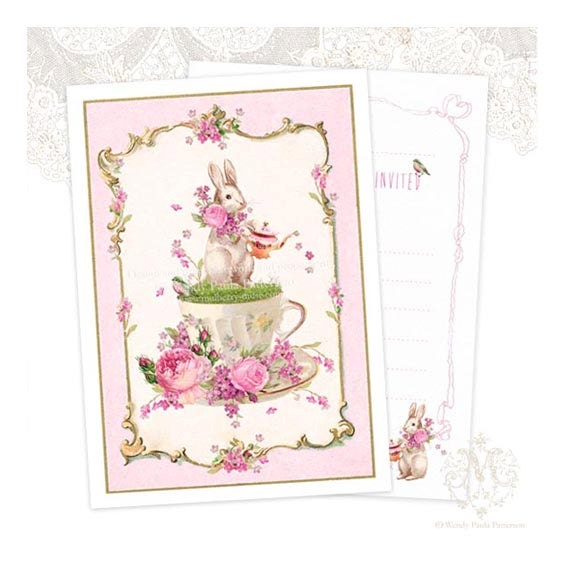 Bunny Rabbit, Invitations, baby shower girl, high tea, white rabbit, pink roses, teacup, birthday party invitations