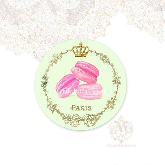 Macarons, Sticker, French, Paris, Pink, Ornate Frame, Crown, Mint Green, spring, Seals Large Glossy Stickers 2.25" diameter