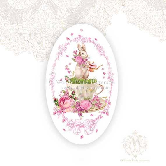 Bunny Rabbit stickers, Easter, teacup, teapot, pink roses, baby shower, seals, large glossy oval stickers, 3.25" x 2"