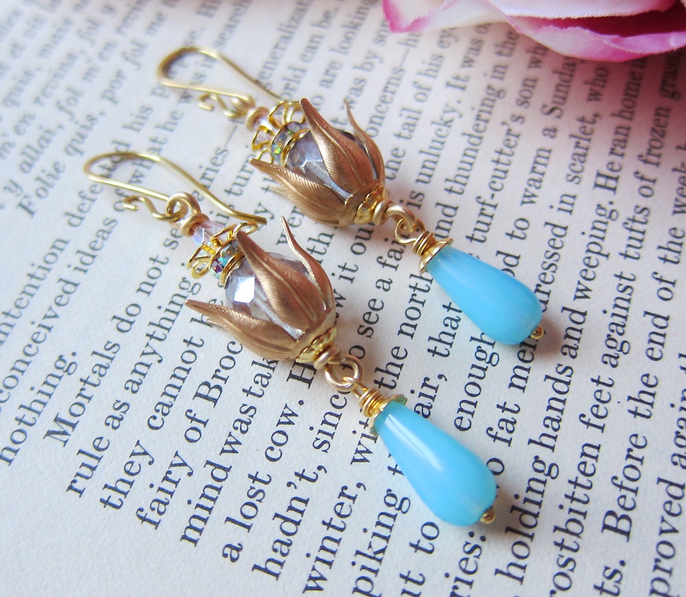 Golden Lotus Earrings - Milky Blue - Pastel Floral Earrings