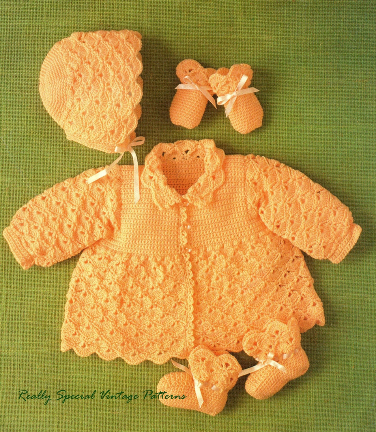 Baby Set Vintage Crochet Pattern PDF Jacket Bonnet Bootees Mitts 16 to 20 chest Newborn