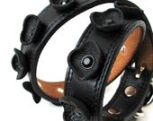 Black Leather Dog Collar with Curled Flowers and Rhinestones, Size M/L, to fit a 17-21in Neck, EcoFriendly, OOAK