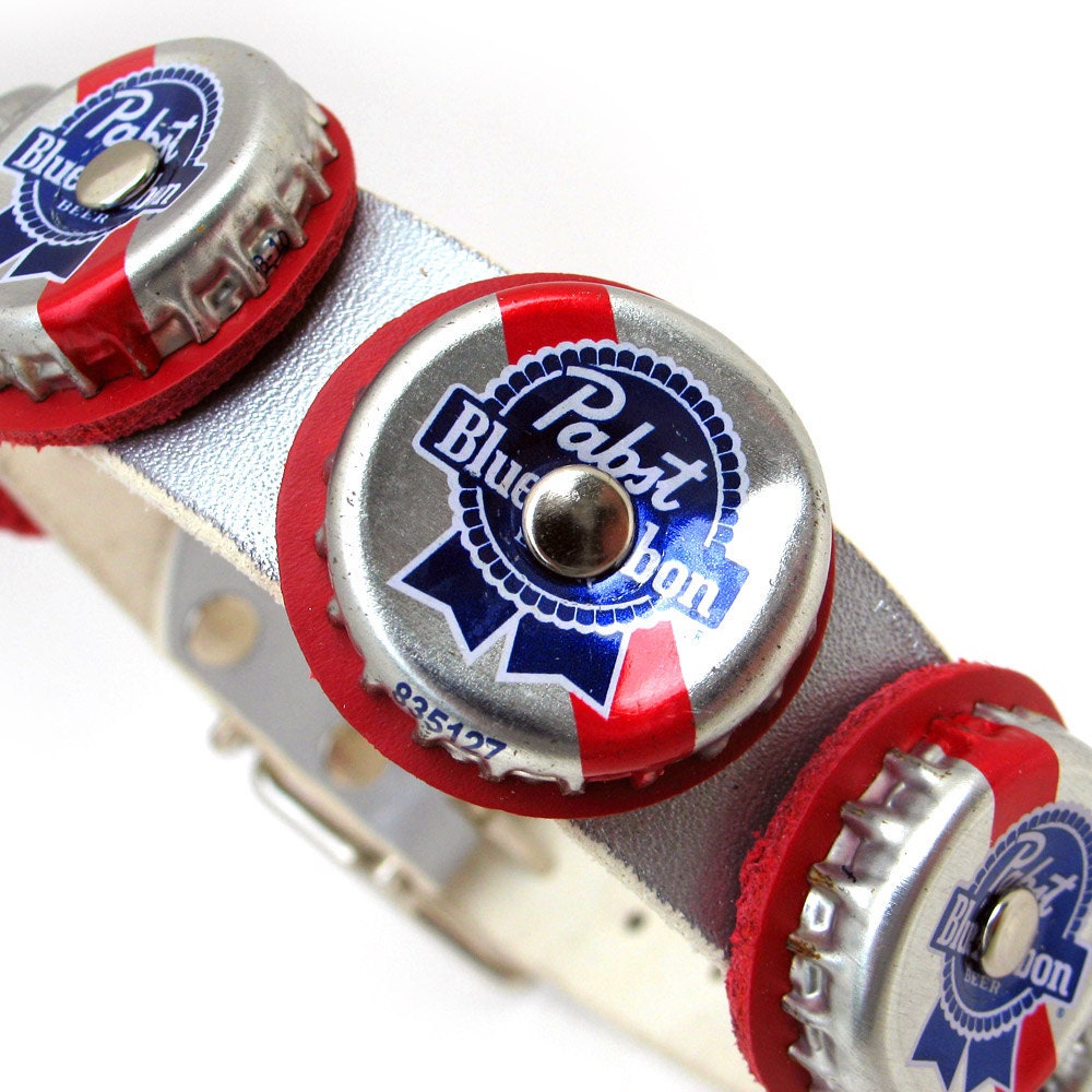 Silver Leather Dog Collar with PBR Bottle Caps, Size S, Small Dog, to fit a 11-14 Neck, Eco Friendly, Reclaimed, OOAK