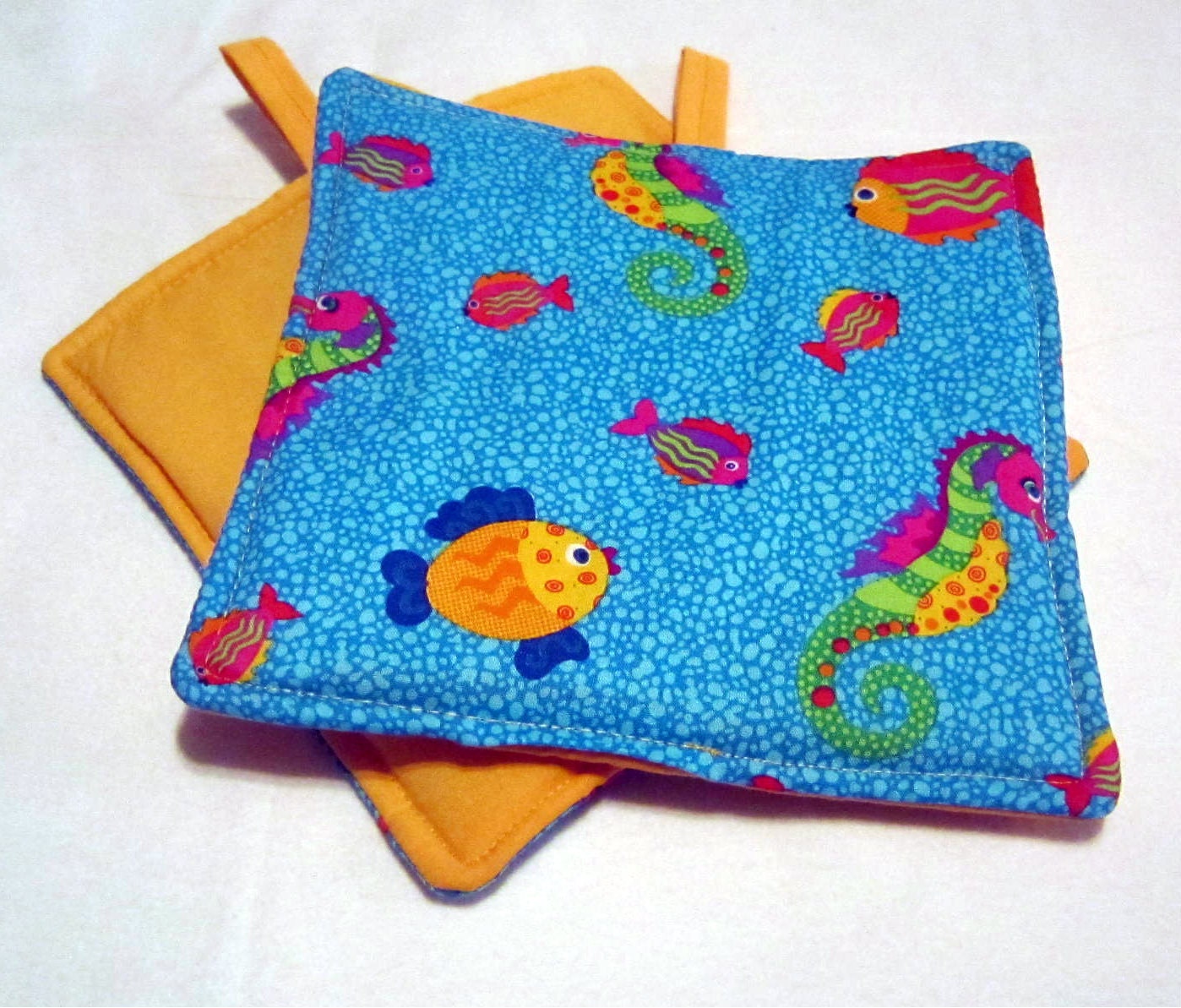 Kitchen  Potholders handmade  Fish Seahorses Nautical set of 2