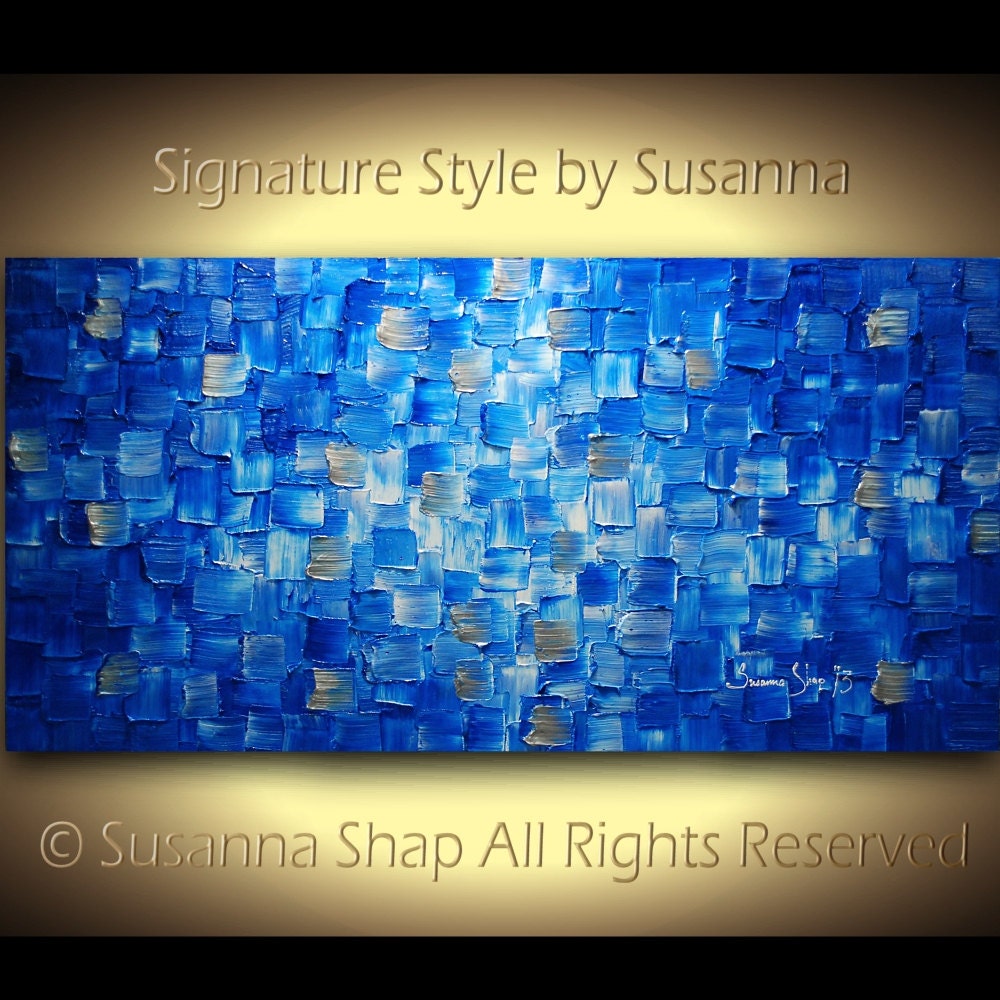 Original Large Blue Abstract Painting Textured Modern Palette Knife Oil Painting Ready to Hang 48x24 by Susanna