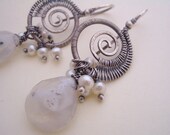 Nautilus Earrings---Sterling Silver/Solar Quartz/White Freshwater Pearls