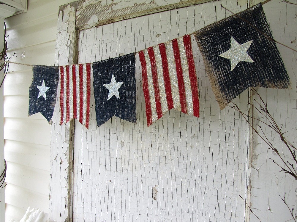 SALE...Size MED. American Flag, Patriotic, July 4th, Old Glory, USA, Painted Burlap Banner, Flag, Bunting, Pennant