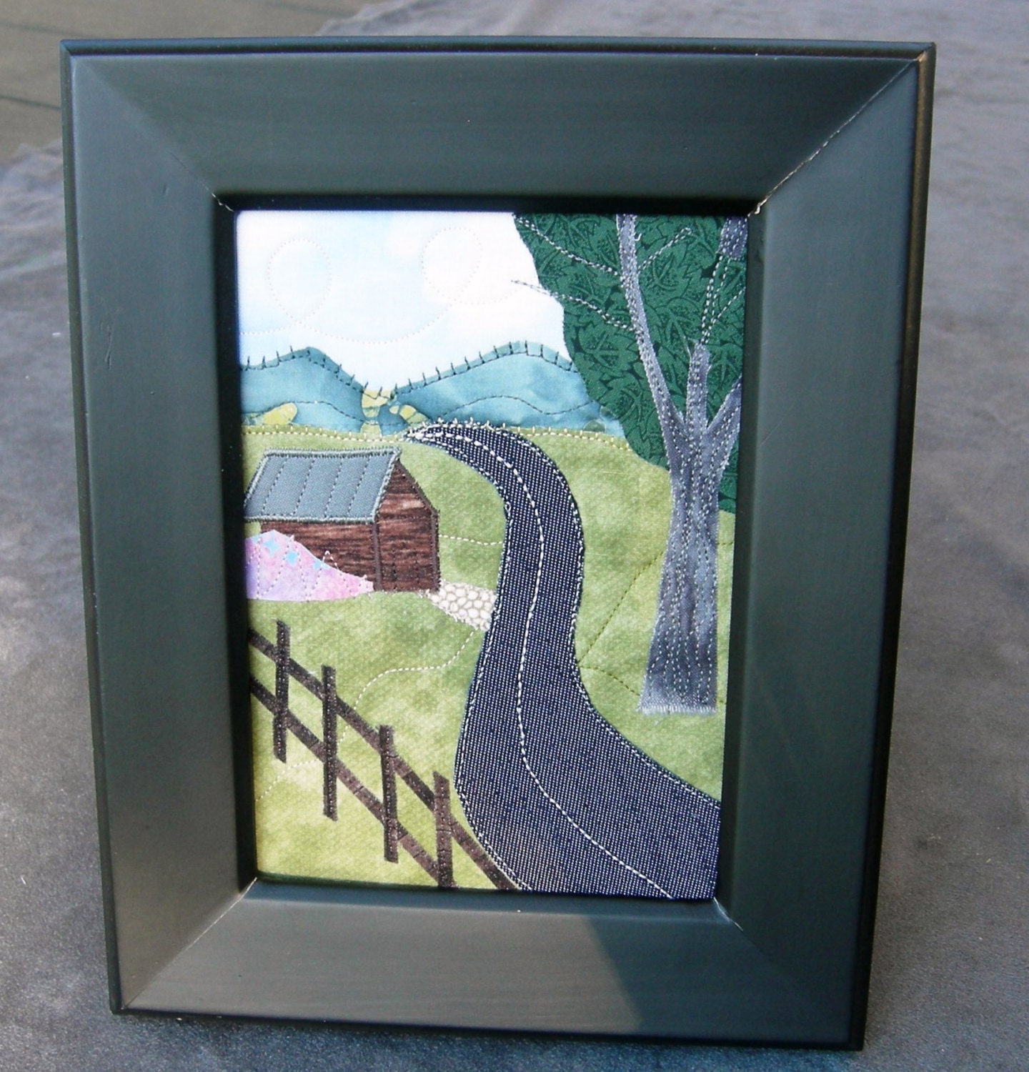 Handmade Extra Large Fabric Postcard,Quilted Greeting Card, Mountain Drive in the Country
