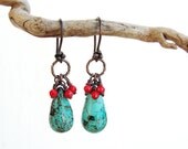 Sea Travels Earrings Coral, Turquoise Stone, Copper Rustic Jewelry
