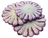 Vintage Crocheted Pot Holders - Purple and White Potholders - Vintage Kitchen Pot Holders - Cotton Trivets