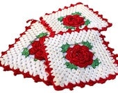 Vintage Kitchen Linens - Red Rose Potholders - Red and White - Hand Crocheted Potholders - 1950s