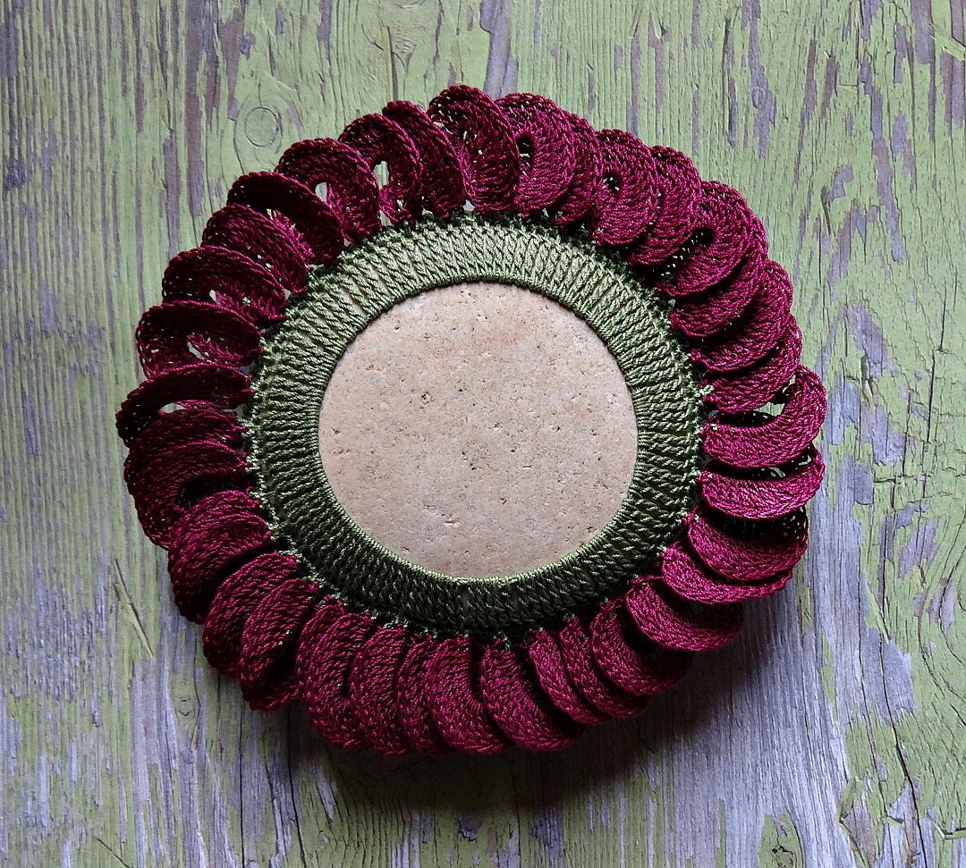 Art Object, Mixed Media, Original, Crochet Flower, Lace Stone, Handmade, Table Decorations, Home Decor, Green, Purple