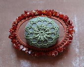 Gift Ideas, Desk Accessory, Art, Mixed Media, Original, Tribal, Crochet Lace Stone, Table Decorations, Handmade, Orange Thread, Carnelian