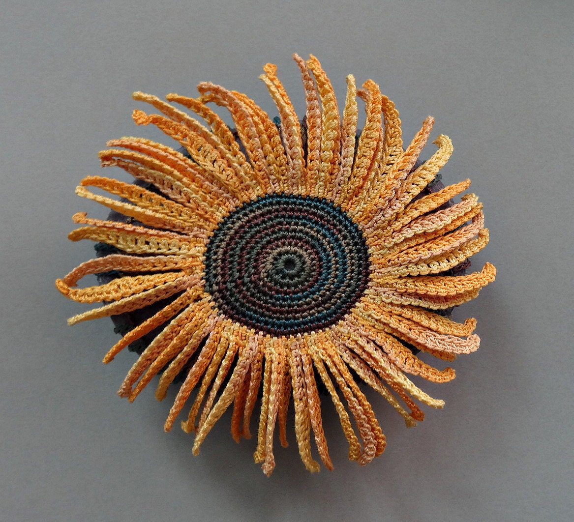 Folk Art, Mixed Media, Crochet Flower Stone, Original, Handmade, Sunflower, Table Decorations, Nature, Garden, Decorative Arts