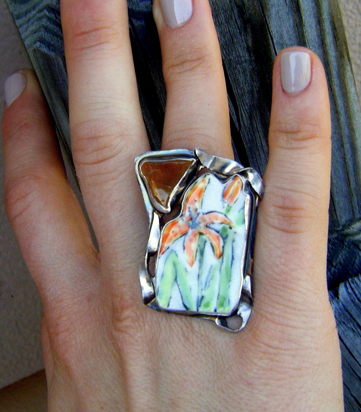 Tiger Lily Statement Ring in Porcelain and Rough Citrine