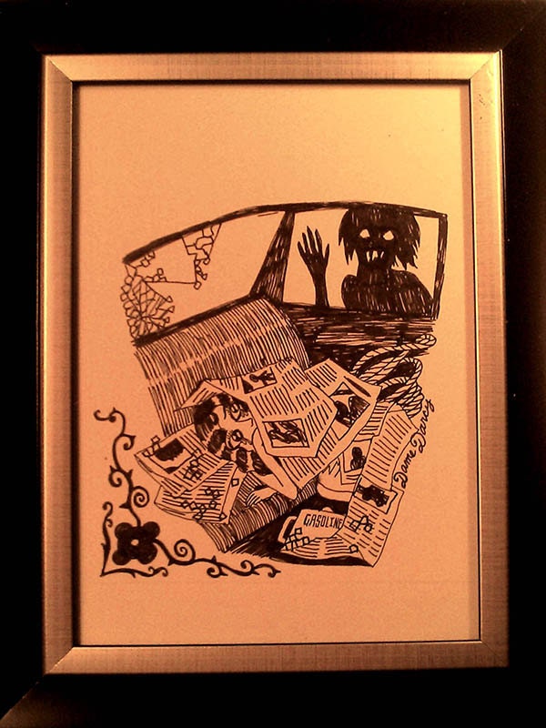 Dame Darcy Predators look through Broken Car Windows pg. 54  Black and White spot illustration Drawing for Gasoline Graphic Novel