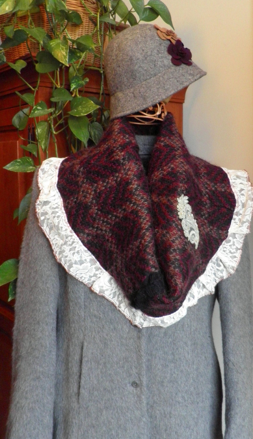 demure Victorian neckwarmer cowl scarf in plaid kid mohair and lace...by mia baggali