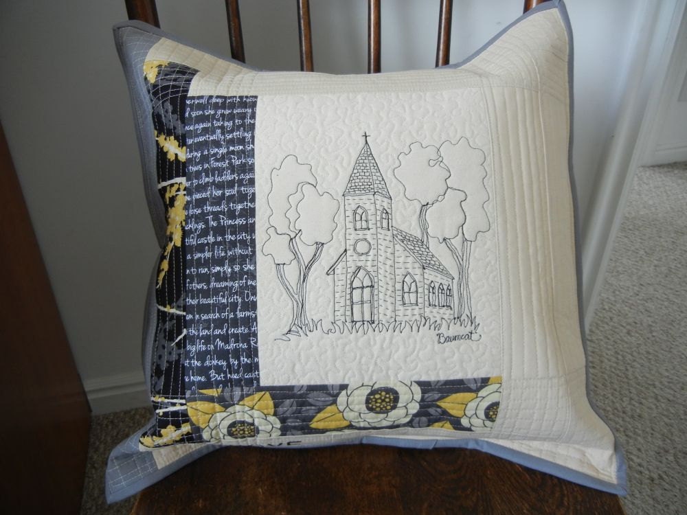 Quilted Pillow Art thread sketch of country church