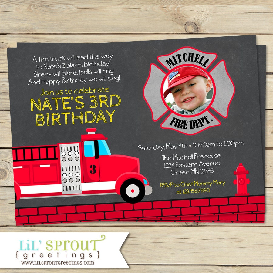 Fireman Fire Truck Boys Photo Birthday Invitation