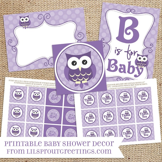 Purple Owl Baby Shower Printable Decorations by lilsproutgreetings