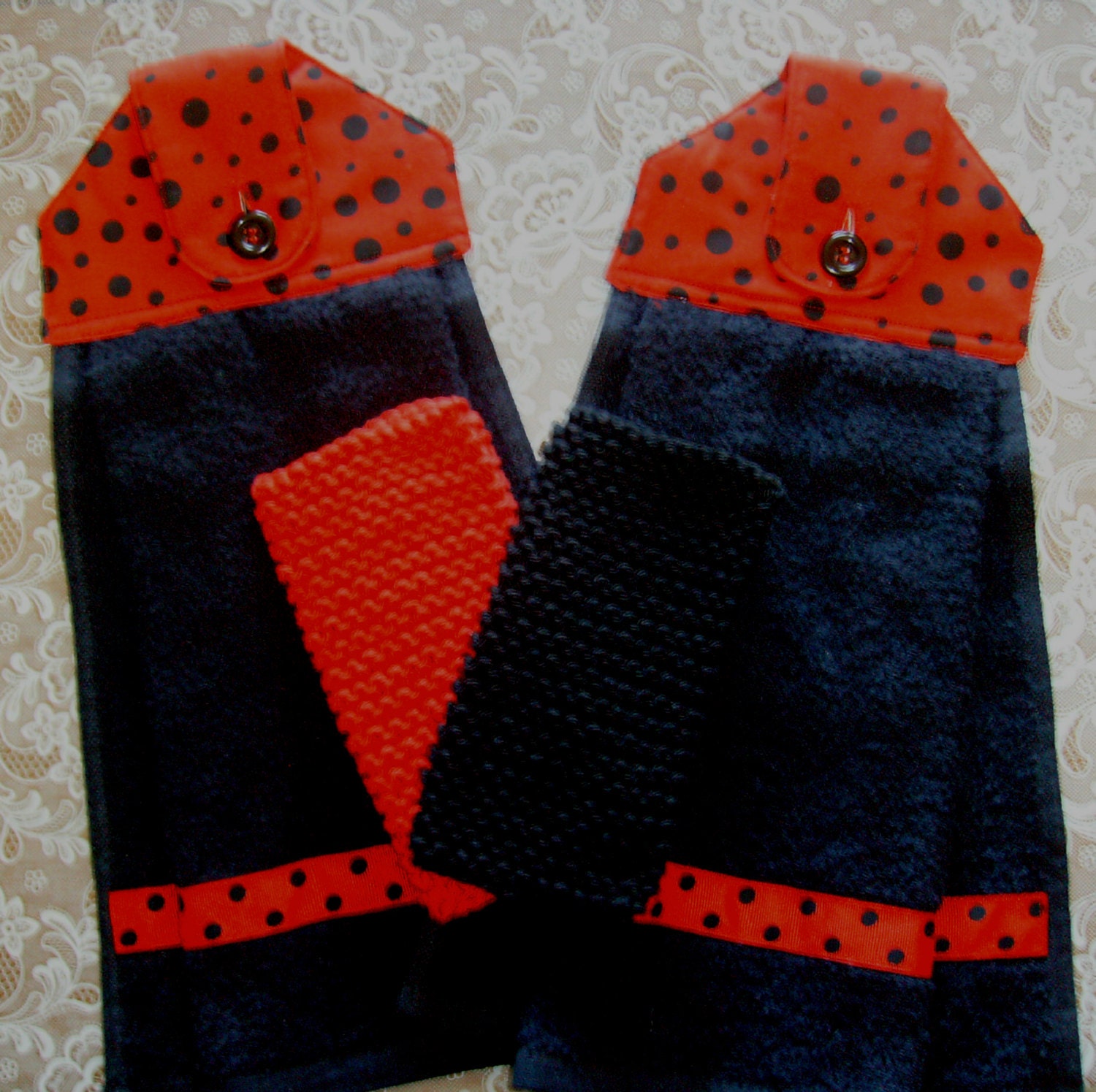 2 - Hanging Cloth Top Kitchen Hand Towels - Black and Red Polka Dot Print - Black Towels, and 2 Cotton Dish Cloths