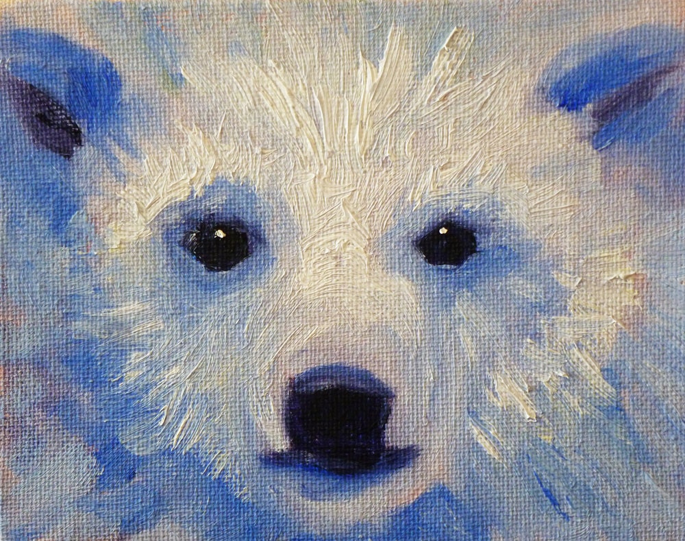 Polar Bear Portrait, Small Oil Painting, Original on Canvas, 4x5, Wall Decor, Wild Animal, Baby Animal, Blue and White Fur