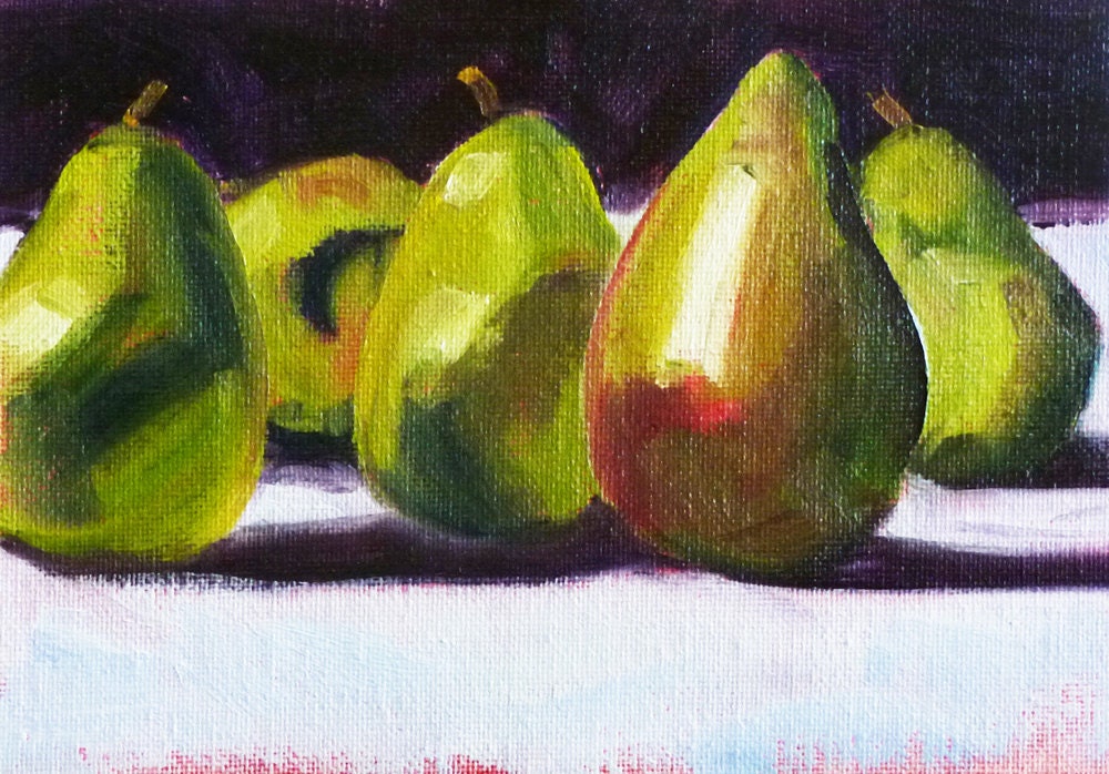 Pear Still Life, Original Oil on Canvas, Small 5x7 Kitchen Art, Kitchen Decor, Wall Decor, Fruit Painting