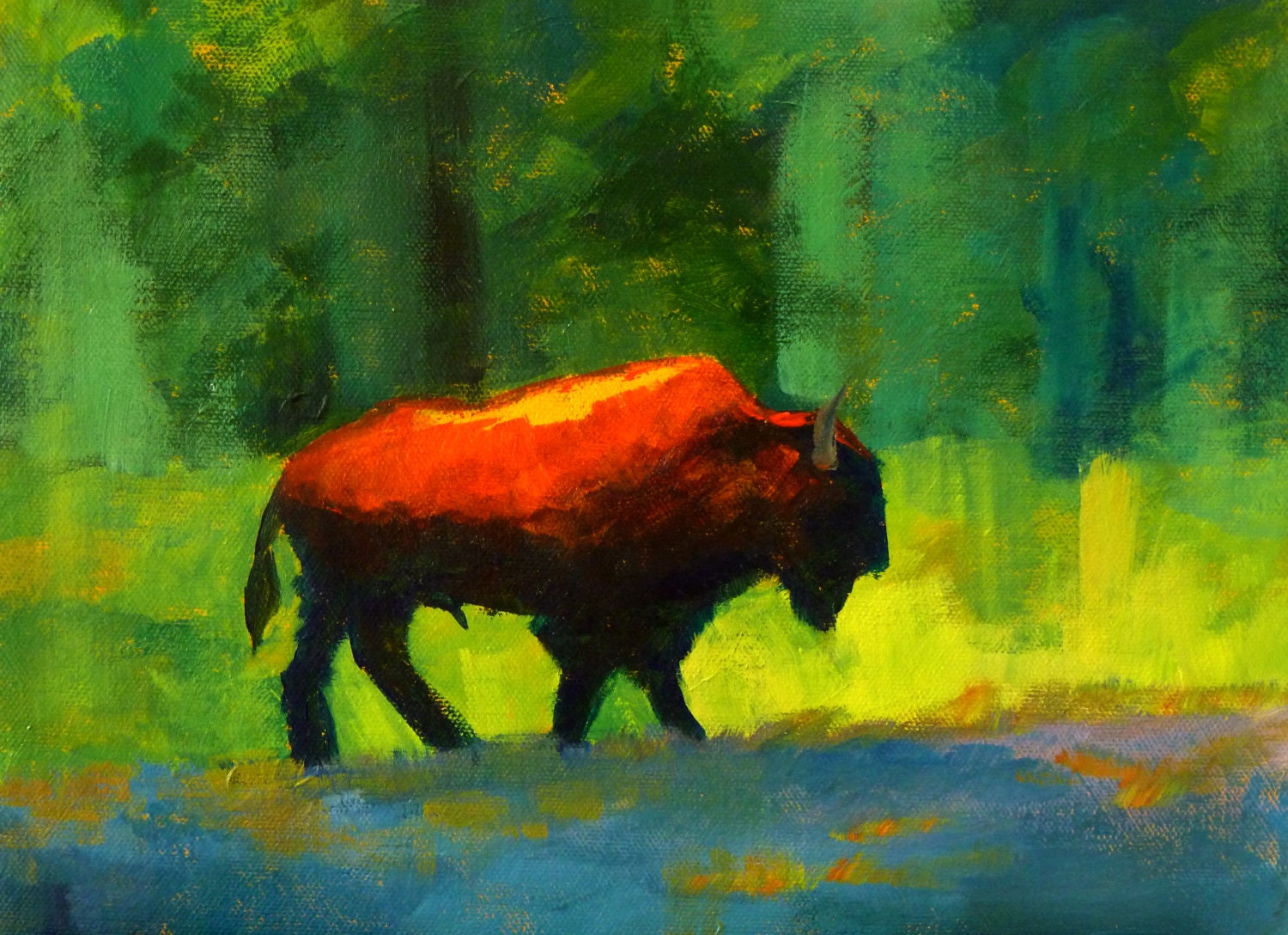 Abstract Animal Painting, Wild Bison, Forest Buffalo, 9x12 Acrylic on Canvas, Original Wildlife Art, Colorful Wall Decor