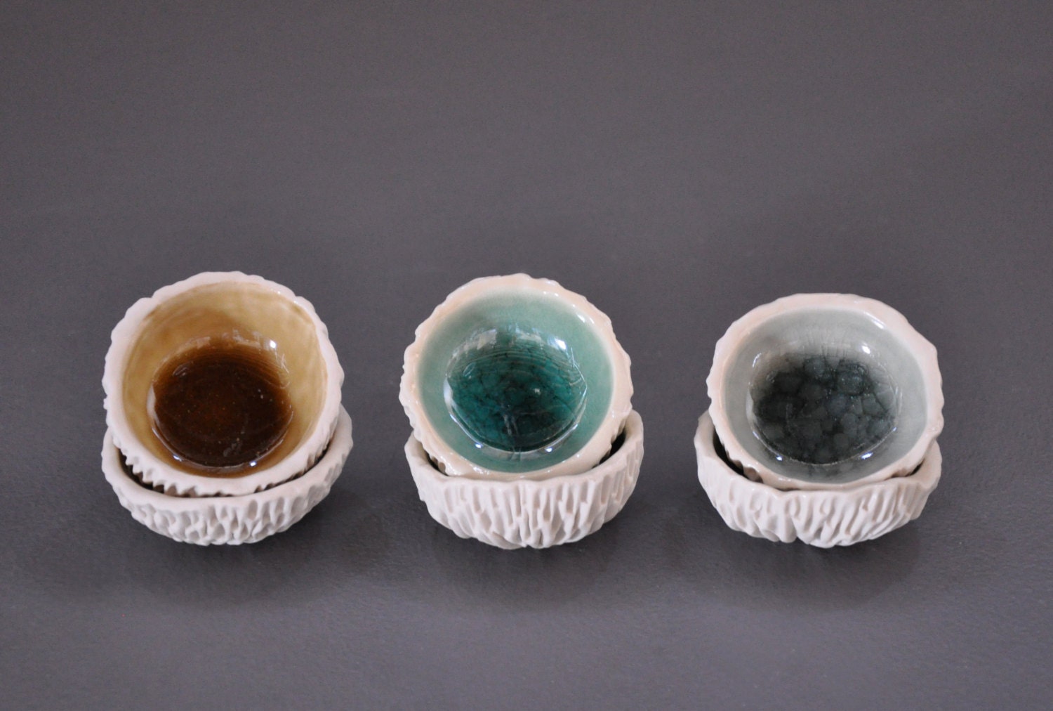 Pair of Tiny Geode Bowls - White Ceramic Porcelain Salt and Pepper Spice