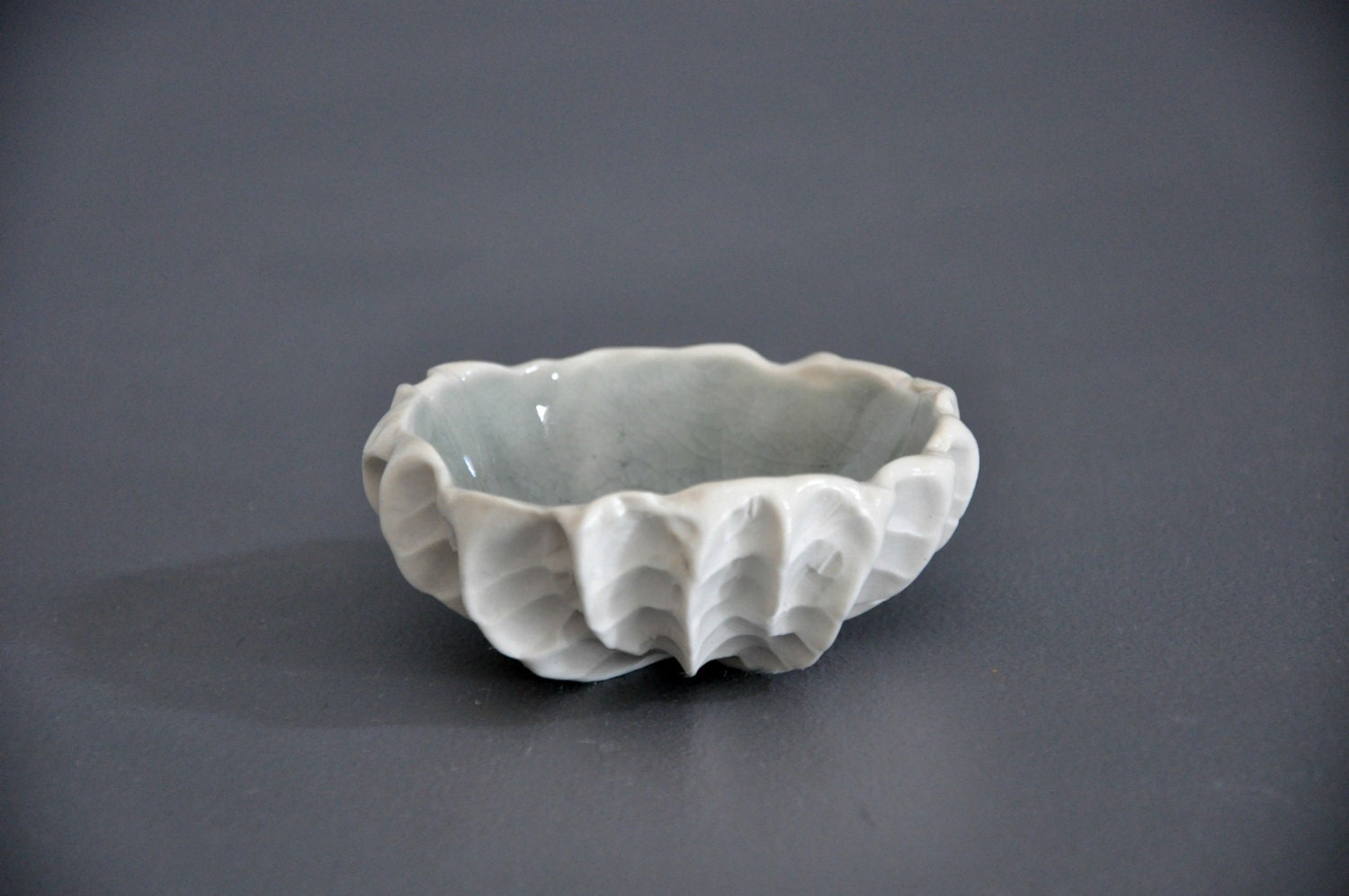 Grey Sky Baby Scallop Textured Bowl - Blue Green White Ceramic Beach Decor Bowl Sea Shell