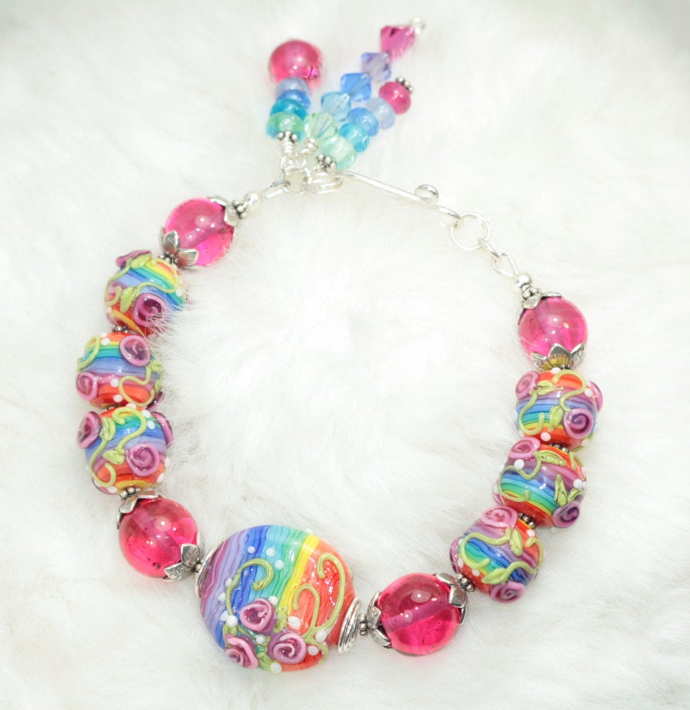 Handmade Lampwork Rainbow with Rosebuds Lampwork Jewelry Bracelet SRA beads