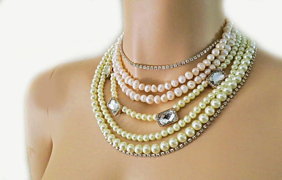 Chunky Bride Necklace Freshwater Pearls Rhinestone Jewelry, Wedding Jewelry, Pearl Necklace, Bridal Wedding Pearl Necklace