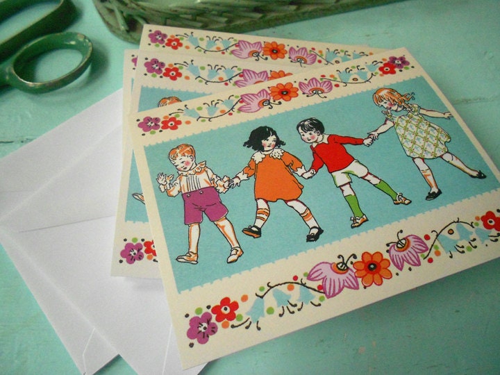 4 Vintage Style 1920s Art Deco Children Blank Birthday Cards
