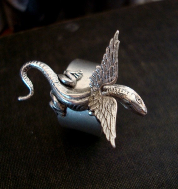 SteamPunk Ring Jewelry, Lucky Dragon, RARE BABY DRAGON Ring, Sterling Silver Finish on Brass, Custom Made, Original Design