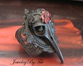 Gothic HummingBird Skull on Dark OR Sterling Silver Ox Filigree Base, Ornate Skull With Blood Flower