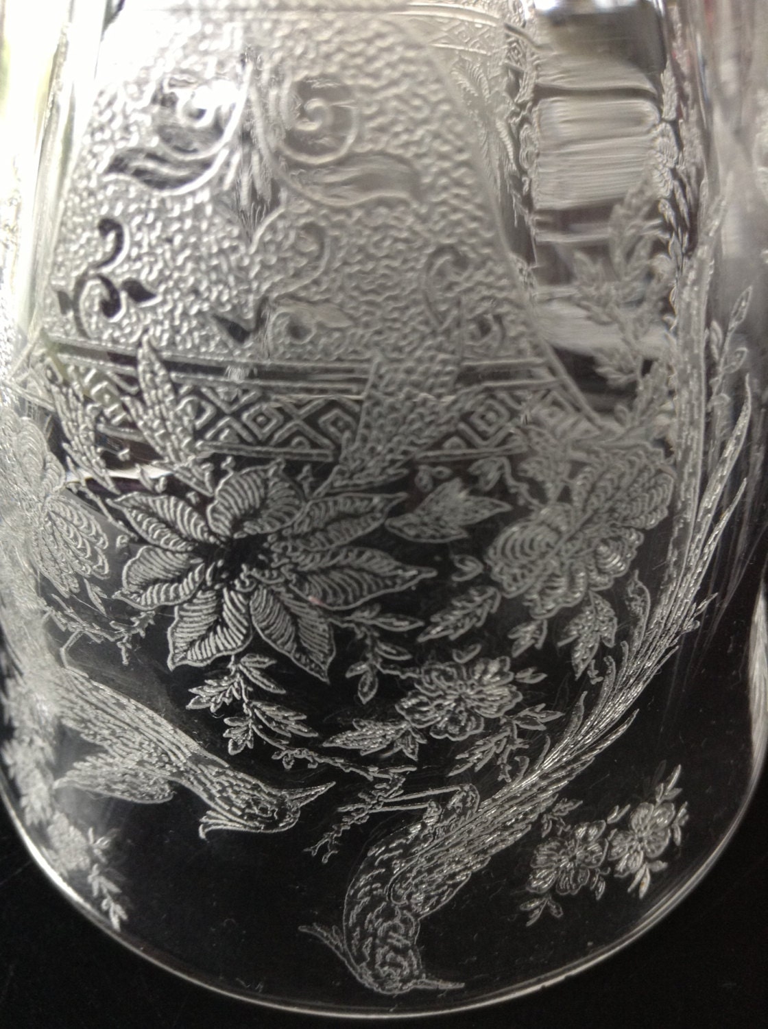 Gorgeous Pair of Tiffin Franciscan Persian Pheasant Etched Wine Goblets