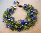 Flower Charm Bracelet, April Shows May Flowers, Blue Green and Brass Beaded Bracelet, FREE Shipping U.S.