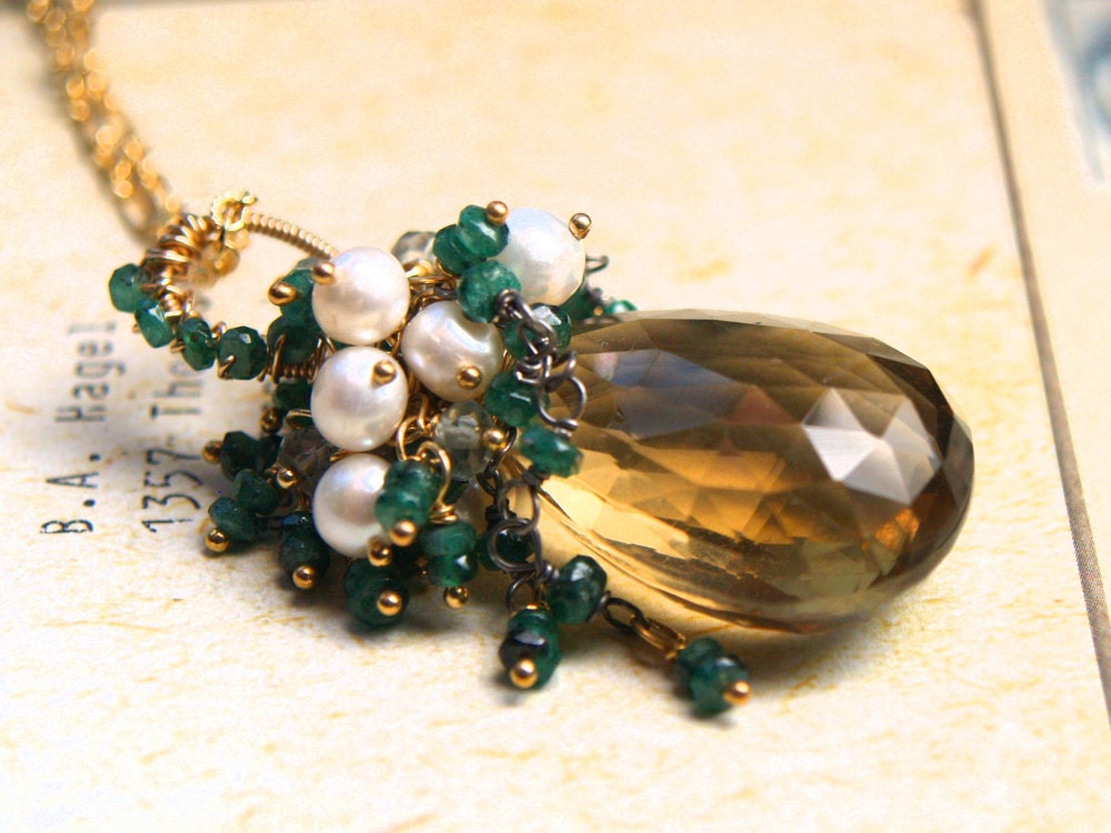 Daisy - Large Citrine Emerald Green Amethyst and Pearl Pendant Necklace in Gold - The Great Gatsby Collection- luxury gifts