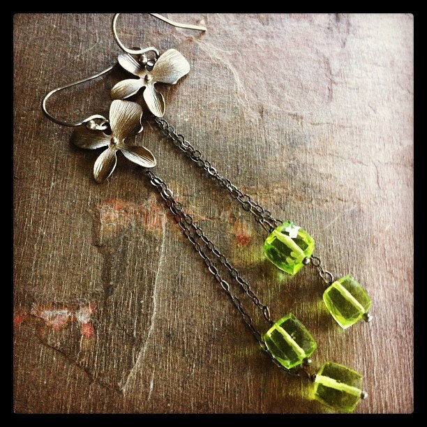 Black Orchid Flower Lime Green Dangle Earrings -   gifts for her  May Birthday - Radioactive