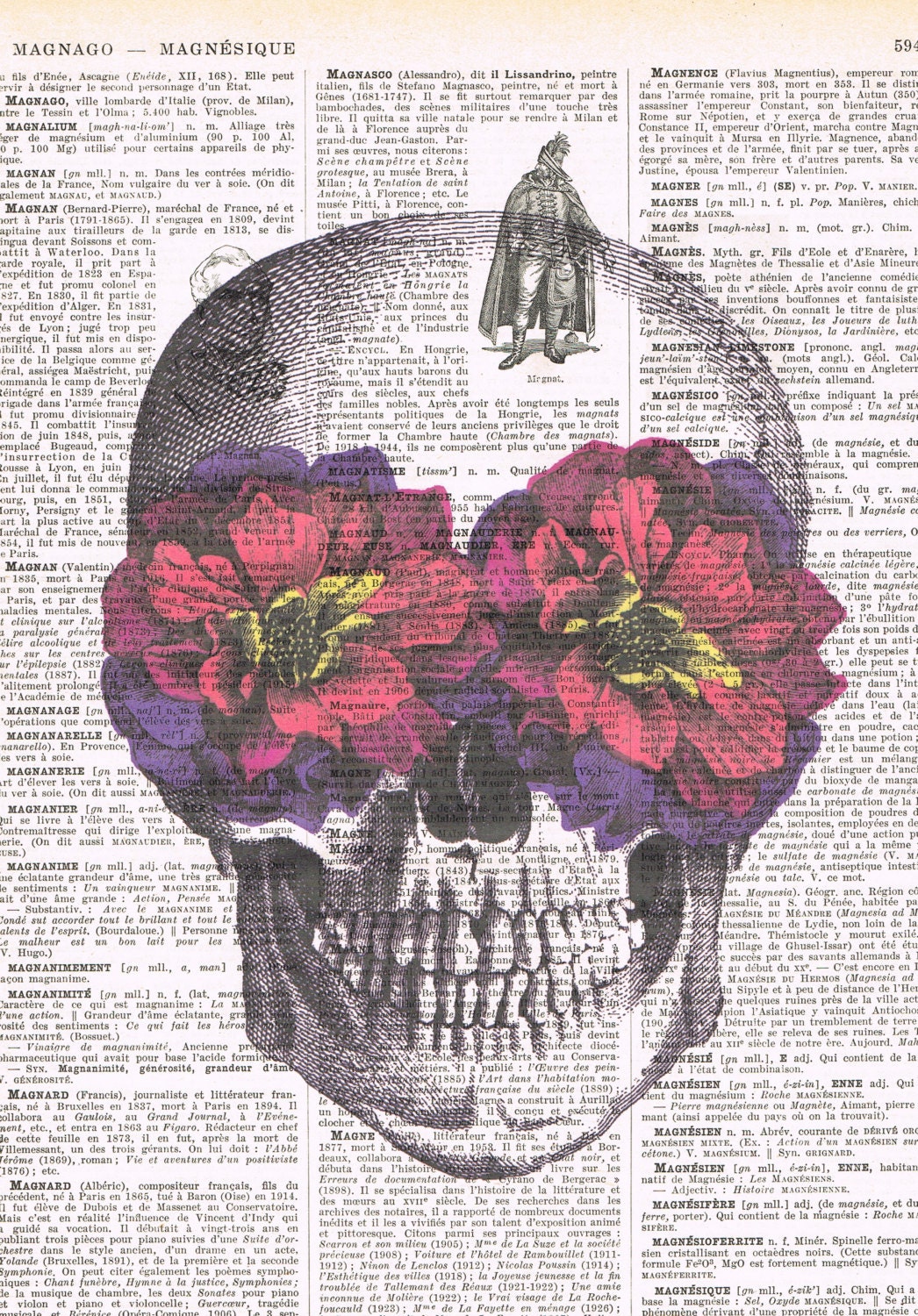 Fathers day.Skull Gift , French,Colourful/ Vintage. flowers.Antique Book Page Print, buy 3 get 1 free.deco.steampunk.hipster.birthday.