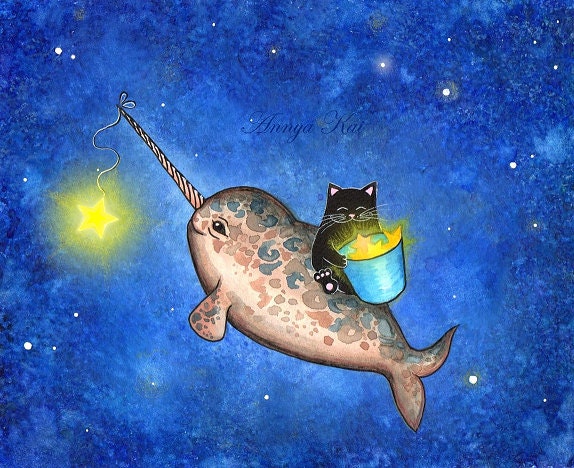 Narwhal Print - Hanging Stars with a Friendly Narwhal - Blue Sea Ocean Song