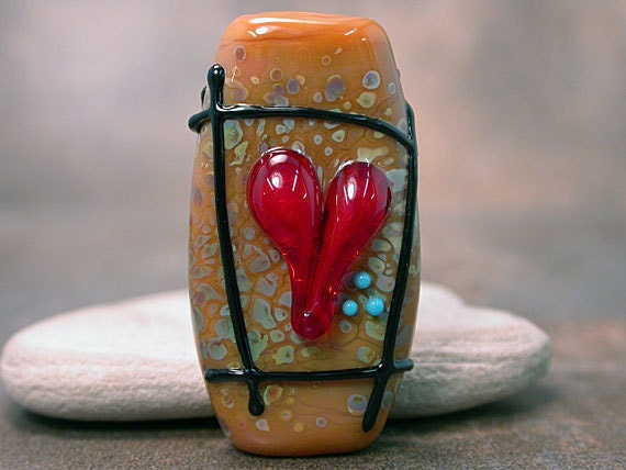 Framed Heart Lampwork Glass Focal Bead Caramel Honey with Raku Divine Spark Designs SRA LETeam