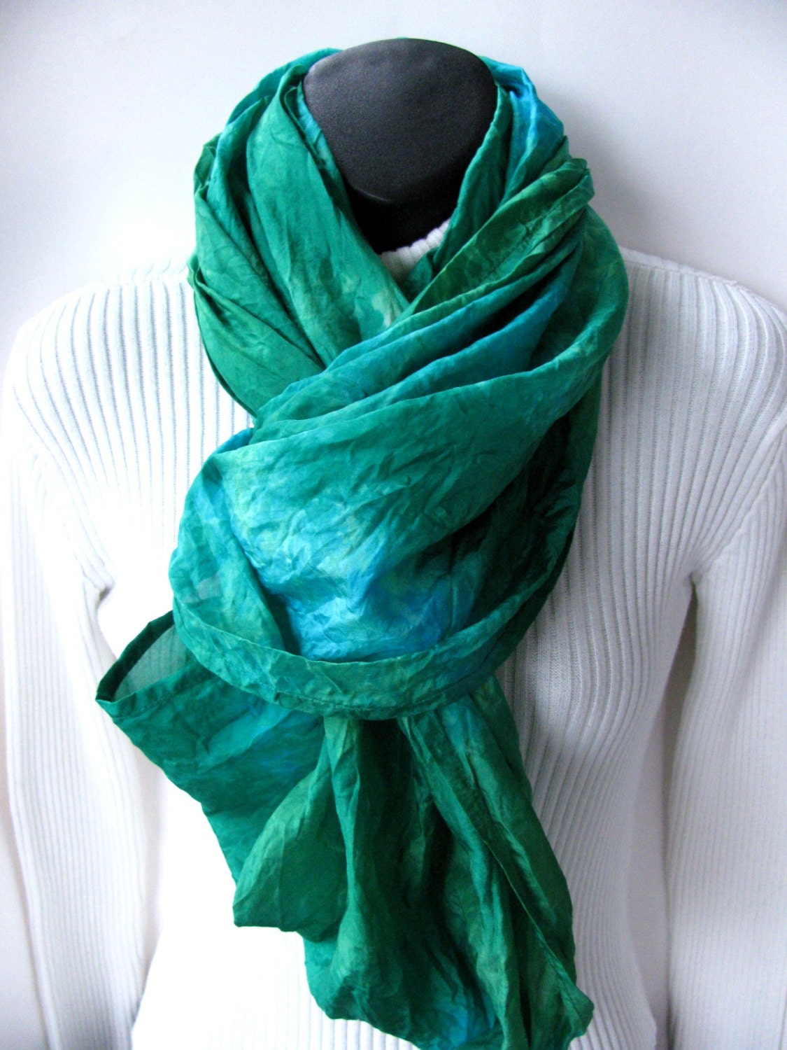 Hand Dyed Silk Infinity Scarf-Emerald Green Scarf-Turquoise Scarf- Infinity Loop Scarf-Womens Scarves for Spring